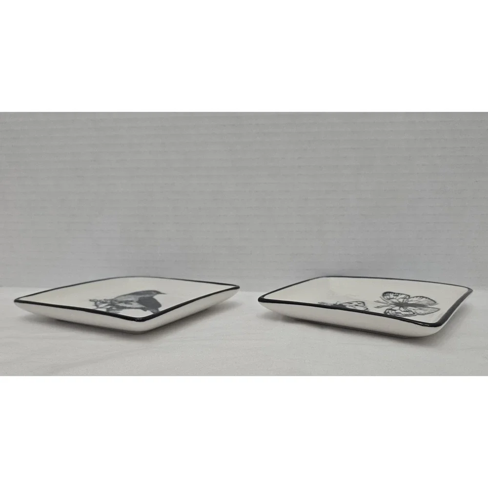 Grace and Belle Square Jewelry Ring Dish Set Black/White Ceramic Bird/Butterfly